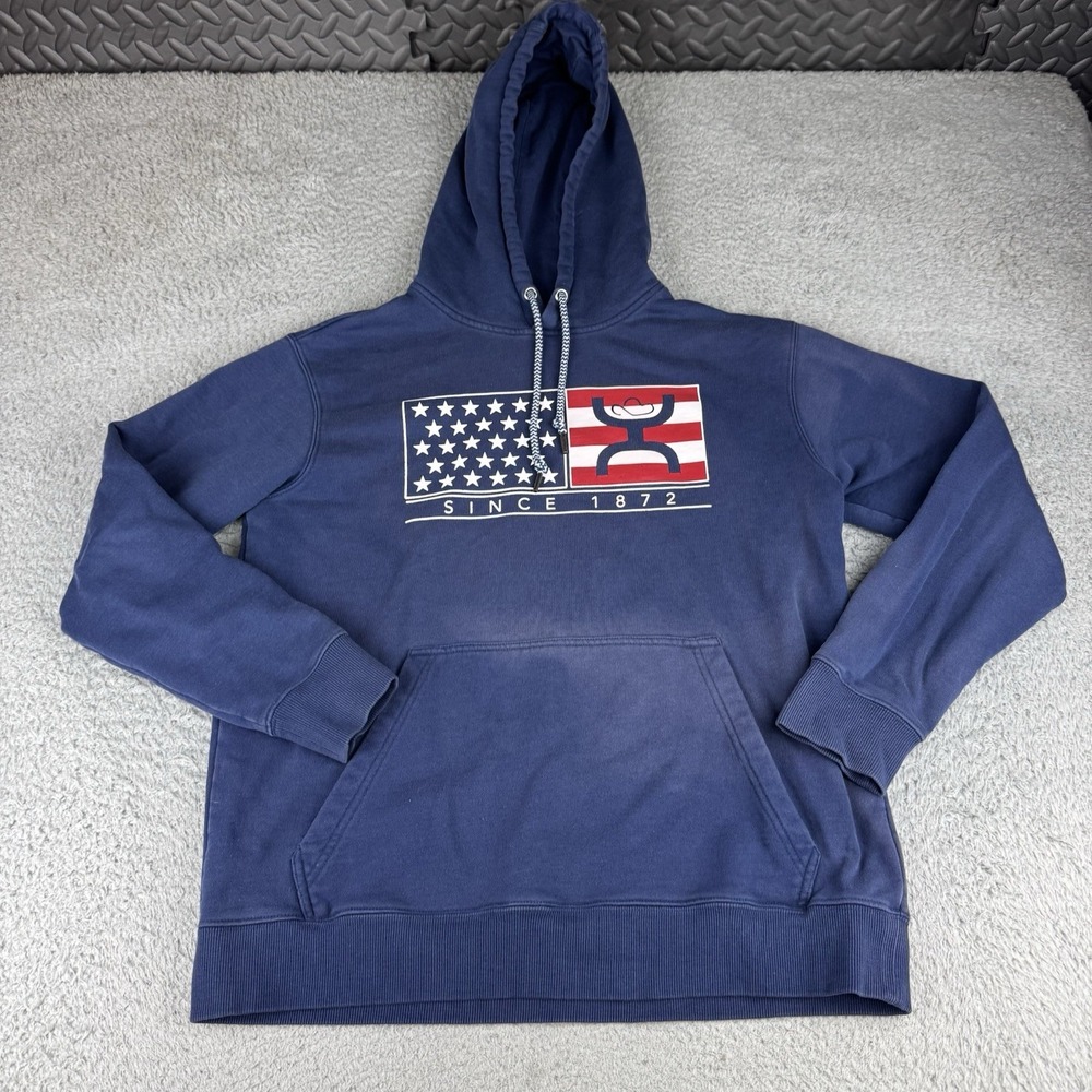 Hooey Men's Hoodie Blue Cowboy American Flag Medium Distressed Faded Fader